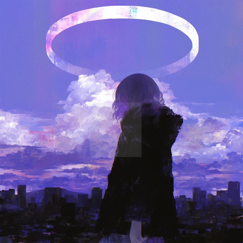 girl with purple halo with purple sky over her
